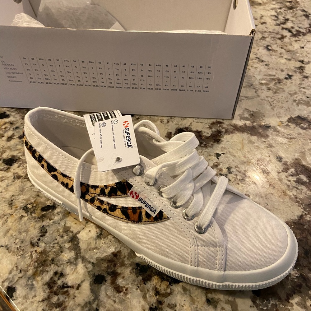 New Superga canvas sneaker with leopard trim.